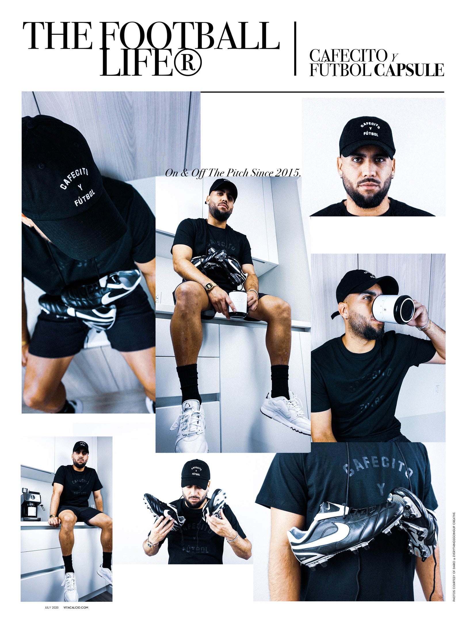 Vita Calcio Cafecito y Fútbol capsule — black cap and t-shirt styled with soccer cleats and an espresso maker, The Football Life editorial spread, on and off the pitch since 2015